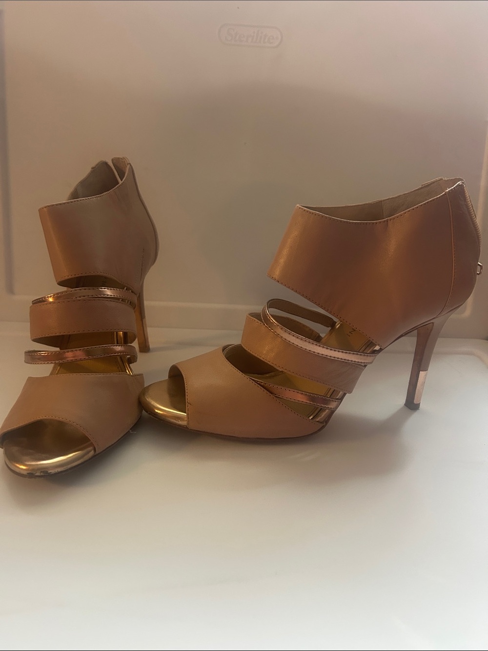 ANTONIO MELANI Tan and Gold Strappy High Heel Sandals